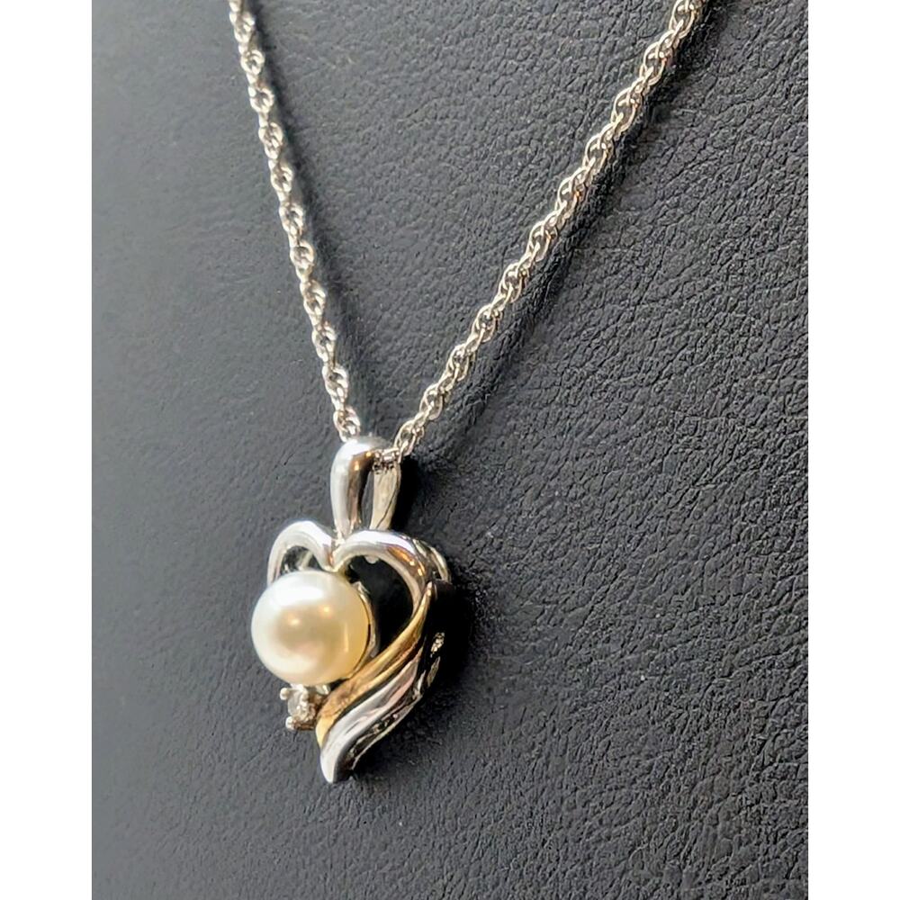 Alwand Vahan 14K Gold 925 Sterling Diamond Pearl Heart Pendant Necklace - Picture 3 of 9